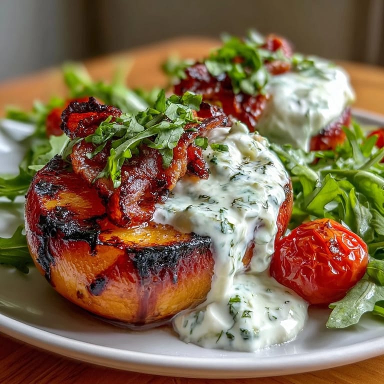 Juicy grilled peaches paired with burrata cheese, arugula, and cherry tomatoes make a vibrant, flavorful salad.  