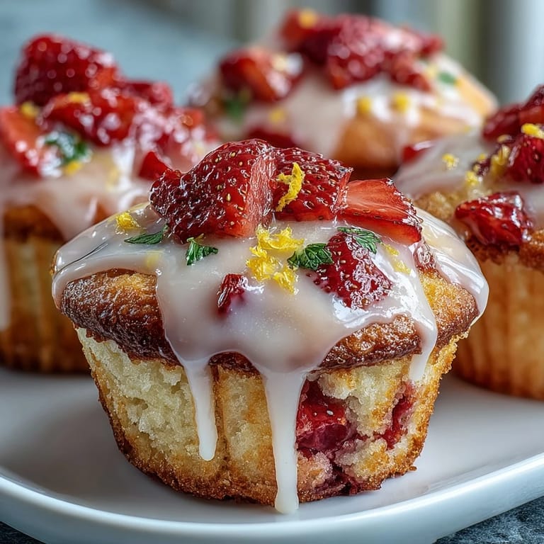 Fluffy, moist muffins filled with fresh strawberries and lemon, finished with a glossy lemon glaze that sparkles in the light.