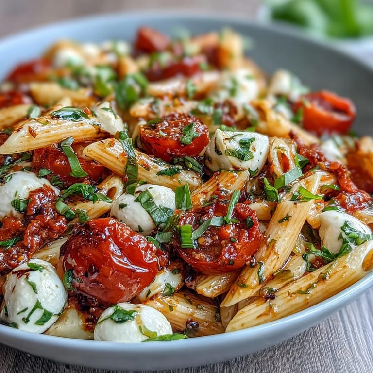 Vibrant summer pasta salad featuring juicy cherry tomatoes, creamy mozzarella, and aromatic fresh basil, tossed with olive oil and balsamic glaze.