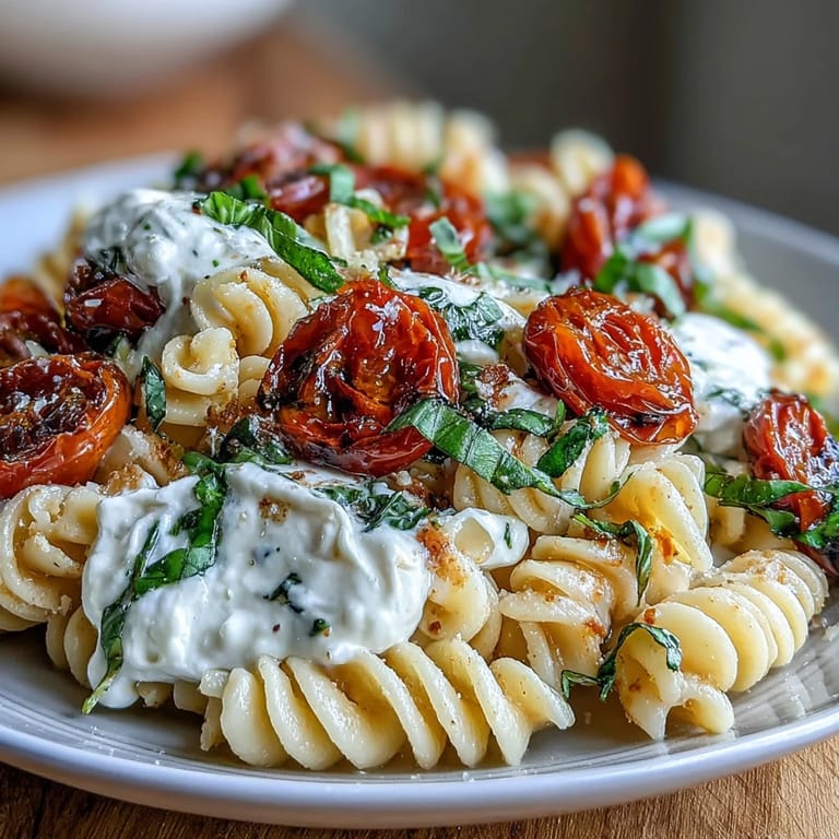 Warm Caprese pasta with silky burrata, al dente penne, and vibrant tomatoes, finished with fresh basil leaves.