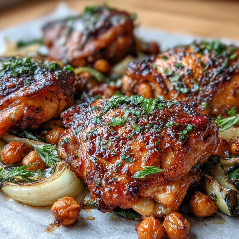 Golden brown harissa chicken traybake glistening with lemon and herbs, ready for serving.