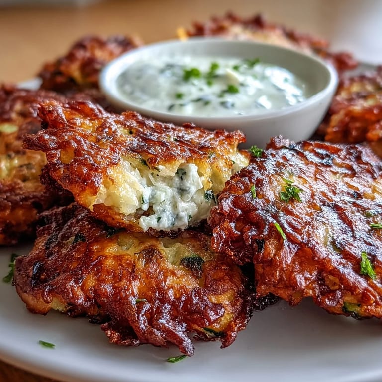 Golden zucchini pancakes packed with creamy feta, paired with a cool, herb-infused yogurt sauce—ideal for a light vegetarian snack.