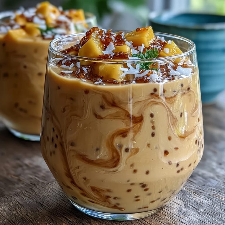 Thick and frosty mango coconut chia smoothie blended with rich coconut milk and fresh mango, perfect for a healthy snack.