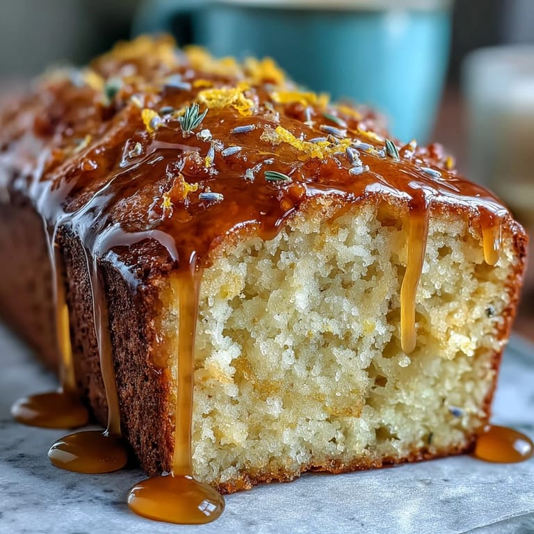 A golden Lemon Lavender Loaf Cake, lightly drizzled with sweet honey.