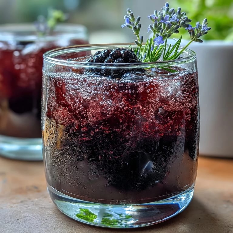 Refreshing Blackberry Lavender Lemonade Fizz served over ice with a fragrant lavender sprig.
