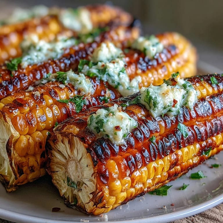 Smoky grilled corn, visually appealing with fresh, aromatic herb butter accompaniments.