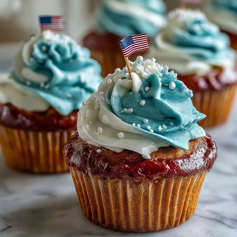 Enjoy a sweet bite of America with Star-Spangled Banner Cupcakes, vibrantly frosted and festive.