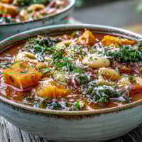 A close-up of a warm bowl of Winter Minestrone Soup with Butternut Squash and Kale, featuring tender squash cubes and bright green kale in a rich tomato broth.