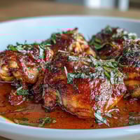 Spicy tangy baked chicken curry with golden, marinated thighs in rich, aromatic curry sauce with coconut milk and fresh herbs.  