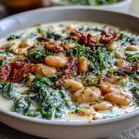 Creamy Tuscan White Bean & Kale Soup with sun-dried tomatoes and cashew cream in a rustic bowl, garnished with fresh herbs.