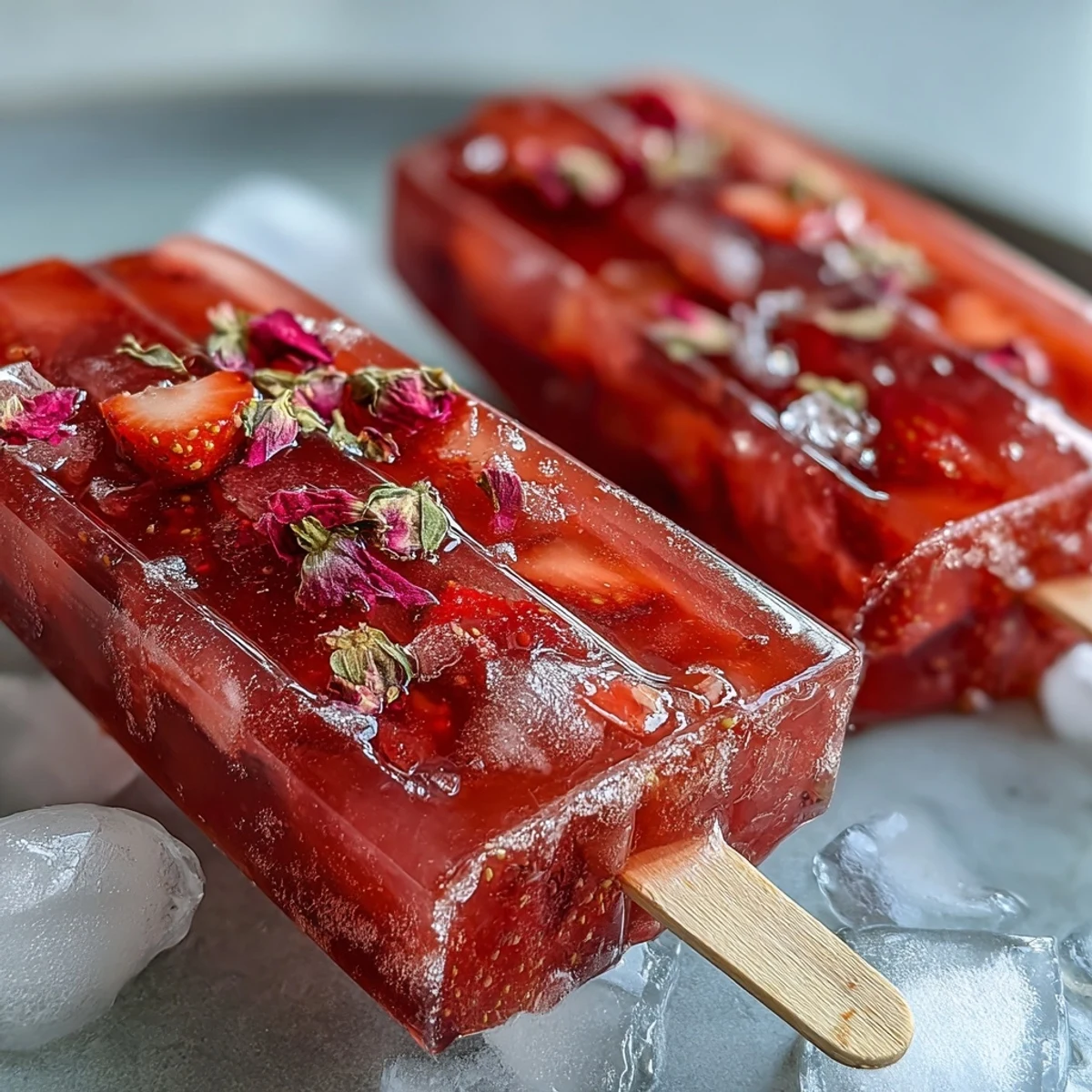 Vibrant strawberry mimosa popsicles with fresh fruit and sparkling wine, perfect for Galentine's Day brunches.