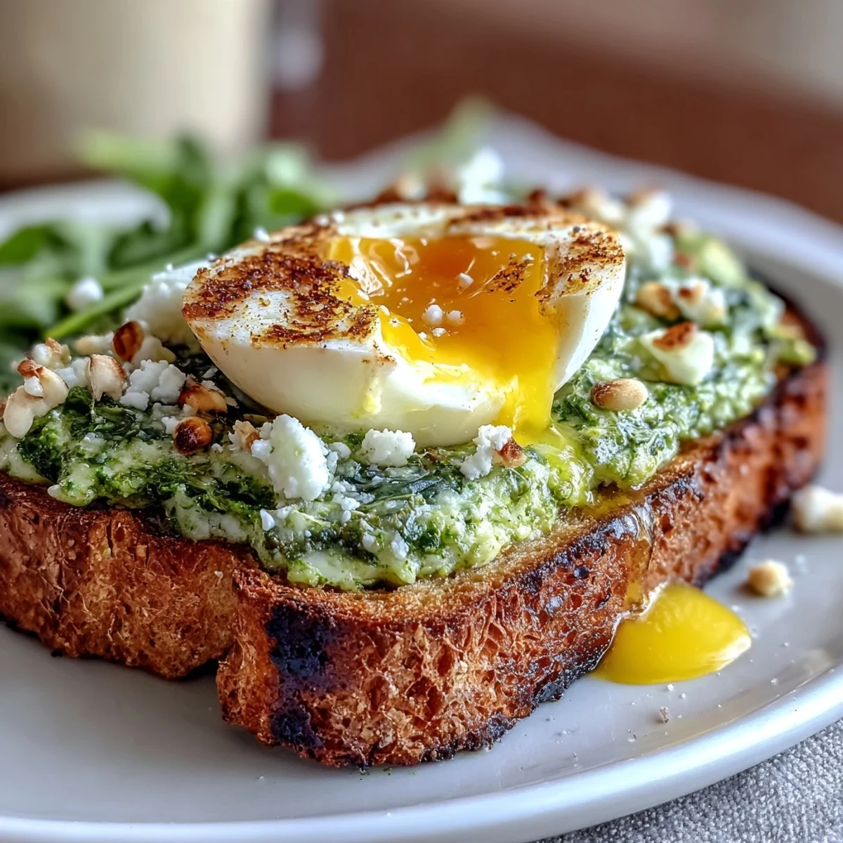 Creamy soft-boiled egg and vibrant spinach pesto atop golden sourdough toast, a fresh and flavorful breakfast option.
