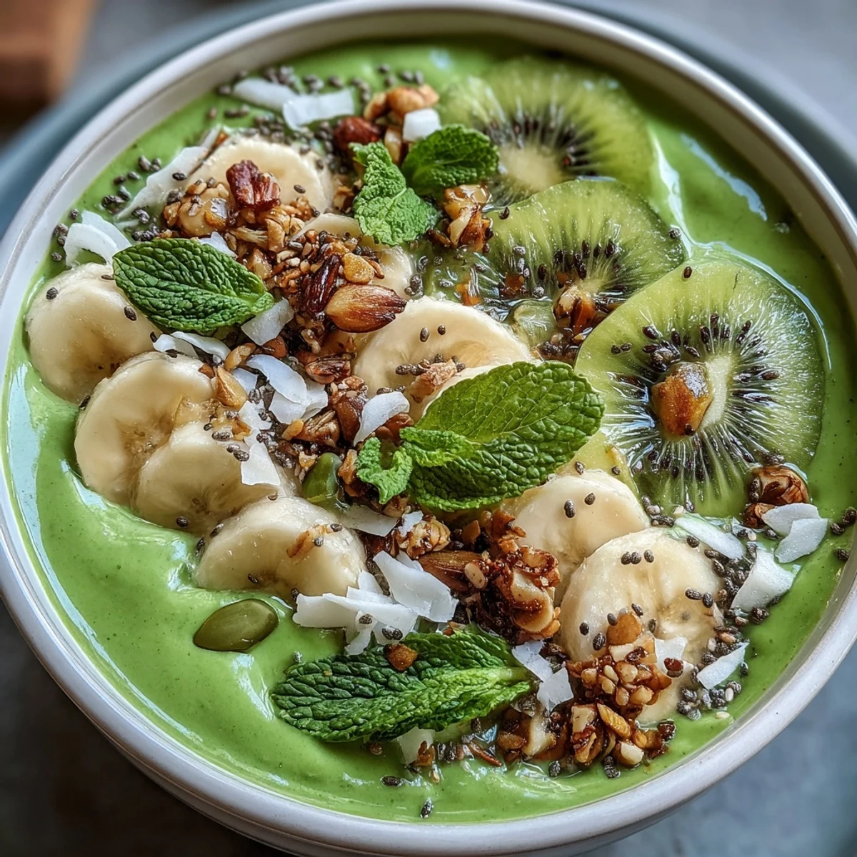 Shamrock Green Smoothie Bowl with Kiwi and Spinach, a vibrant and refreshing breakfast bowl topped with fresh kiwi slices, granola, and coconut.