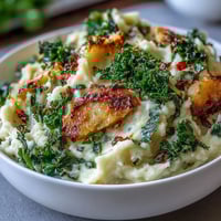 Creamy mashed potatoes with sautéed leeks and crispy kale, a comforting Irish-inspired side dish perfect for St. Patrick's Day.