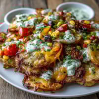 Colorful rainbow veggie Irish nachos with crispy roasted potato rounds, melted cheddar, and vibrant peppers, served with tangy Greek yogurt ranch.