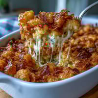Funeral potatoes with crispy cornflake and cheddar crust in a golden-baked casserole dish, cheesy and comforting for family gatherings.