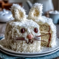 Whimsical Easter Bunny Cake with coconut frosting, featuring fluffy vanilla layers and festive candy decorations.  