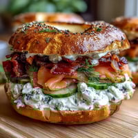 Cottage cheese bagels topped with smoked salmon, cream cheese, and fresh dill on a rustic wooden board.