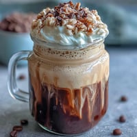 Creamy vanilla bean frappuccino overnight oats jar with a coffee swirl and whipped cream topping.