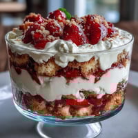 Beautiful Mothers Day strawberry shortcake trifle with golden shortcake cubes, fresh juicy strawberries, and clouds of whipped cream in a clear glass bowl.