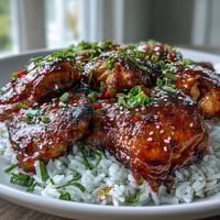 Honey garlic chicken with rice in a rich, glossy sauce, garnished with green onions and sesame seeds.