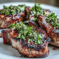 Juicy grilled lamb chops topped with vibrant mint gremolata, a fresh herb blend that adds bright flavor to this Mediterranean dish.