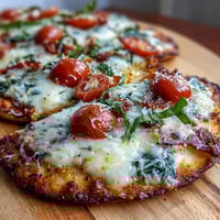 Golden, crispy-edged naan pizza topped with melted mozzarella, bright cherry tomatoes, and fresh spinach on a baking sheet.
