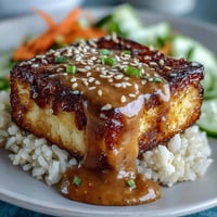Crispy baked tofu cubes rest atop a bed of fluffy brown rice with colorful vegetables.  